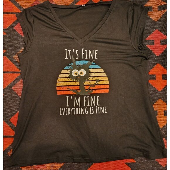 Its Fine Im Fine Everything Is Fine Womens V-Neck Top XXL Black Cotton Blend - Picture 1 of 9